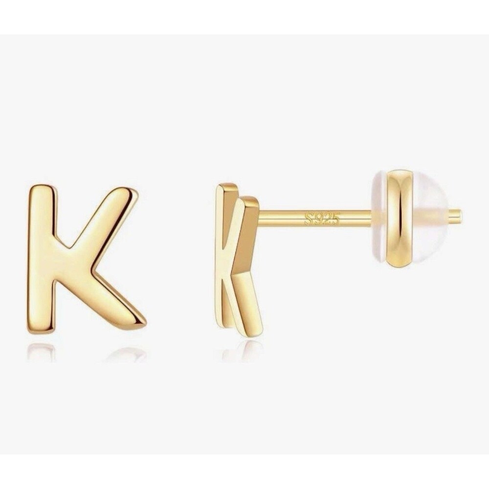 Sterling Silver Stud Earrings K Initial, 925 Sterling Silver Gold Stud Earrings